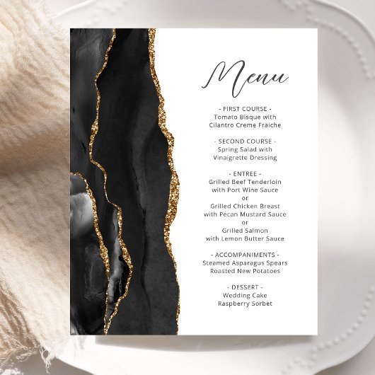 Budget Black Gold Agate Script Wedding Menu