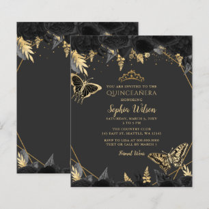 Budget Black Gold Butterfly Quinceañera Uitnodigin