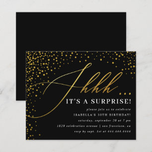 Budget Black & Gold Confetti Script Surprise Party