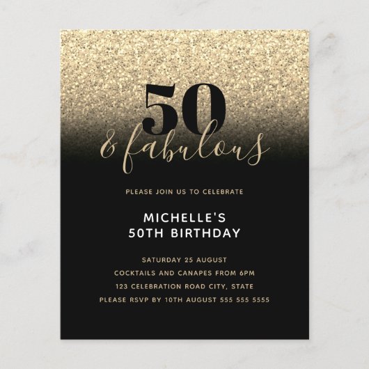 Budget Black Gold Glitter 50th Birthday Invitation Flyer (Voorkant)