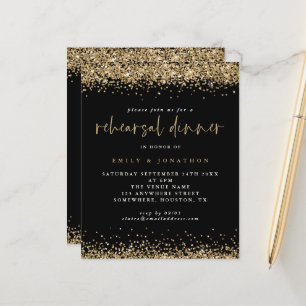 Budget Black Gold Glitter Rehearsal Dinner Invite
