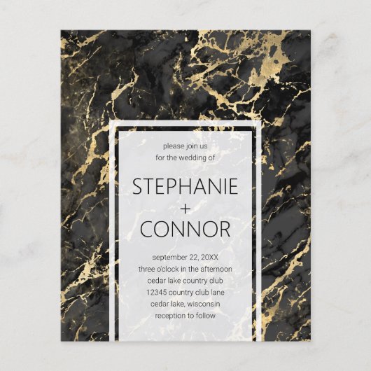 Budget Black Gold Marble Wedding Uitnodiging (Voorkant)
