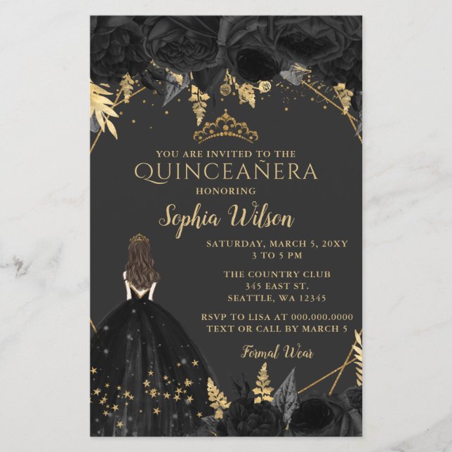 Budget Black Gold Princess Quinceañera uitnodiging (Voorkant)