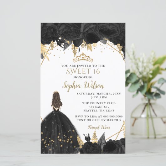 Budget Black Gold Princess SWEET 16 Uitnodiging (Staand voorkant)