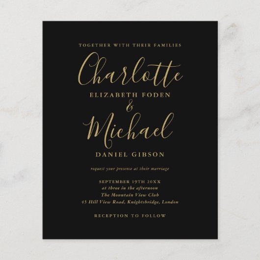 Budget Black Gold Script Weduwen Uitnodiging (Voorkant)