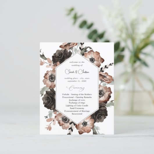 Budget Black & Natural Floral Boho Wedding Program (Staand voorkant)