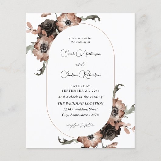 Budget Black & Natural Floral Wedding Flyer (Voorkant)