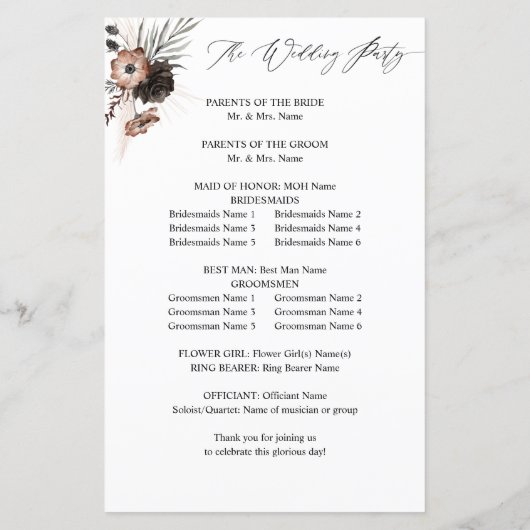 Budget Black &NaturalFloral Boho Wedding Programme (Dos)