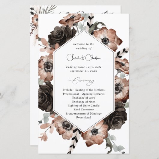 Budget Black &NaturalFloral Boho Wedding Programme (Devant / Derrière)