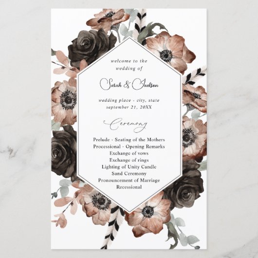 Budget Black &NaturalFloral Boho Wedding Programme (Devant)