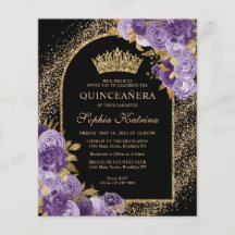 Budget Black Paars Violet Gold Floral Quinceanera