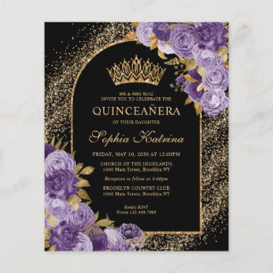Budget Black Paars Violet Gold Floral Quinceanera