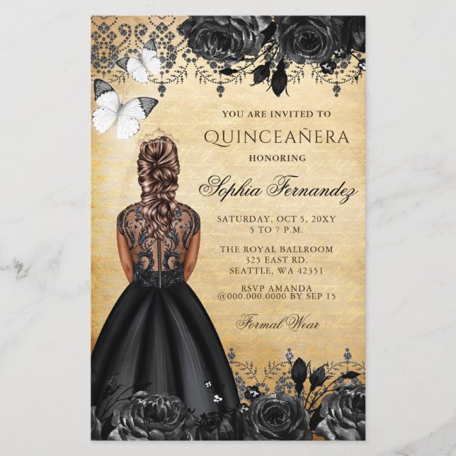 Budget Black Princess Quinceañera uitnodiging (Voorkant)