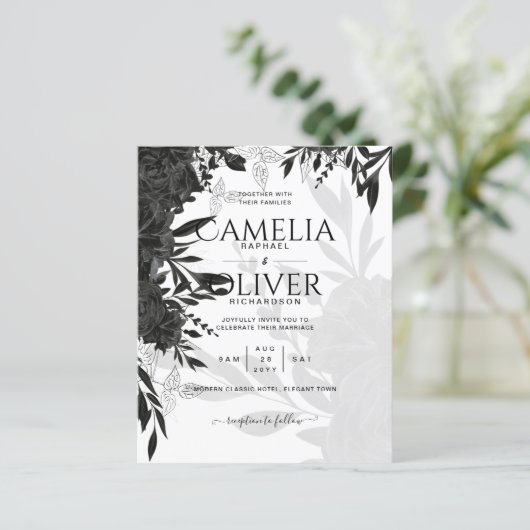 BUDGET Black Roses Elegante Witte Trouw Uitnodigin (Staand voorkant)