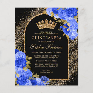 Budget Black Royal Blue Floral Quinceanera