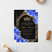 Budget Black Royal Blue Floral Quinceanera Notitiekaartje (Voorkant / Achterkant in situ)