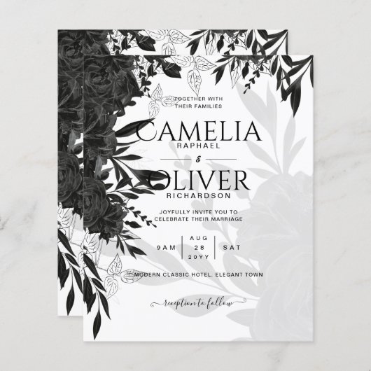 BUDGET Black Rozen Elegant White Wedding Invite (Voorkant / Achterkant)