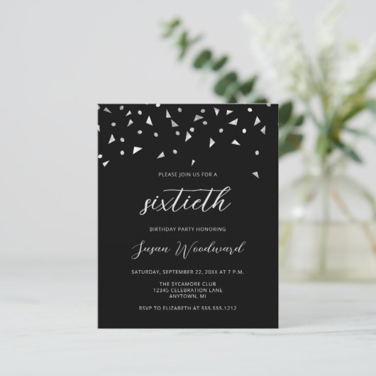 Budget Black Silver Script 60th Birthday Invite (Staand voorkant)