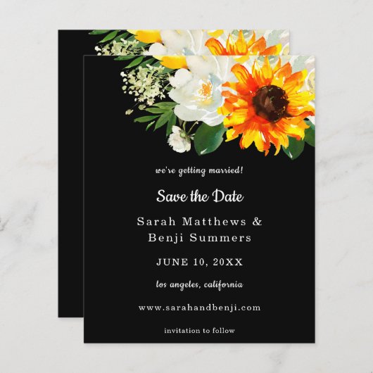 Budget Black Sunflower & Whi Floral Save the Date (Voorkant / Achterkant)