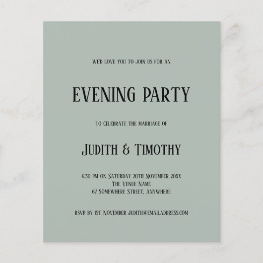 Budget Black Text Sage Green Eving Party nodigt ui (Voorkant)