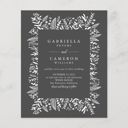 Budget Black White Floral Line Art Wedding Invite (Voorkant)