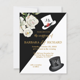 Budget Black & White Floral Wedding Kaart