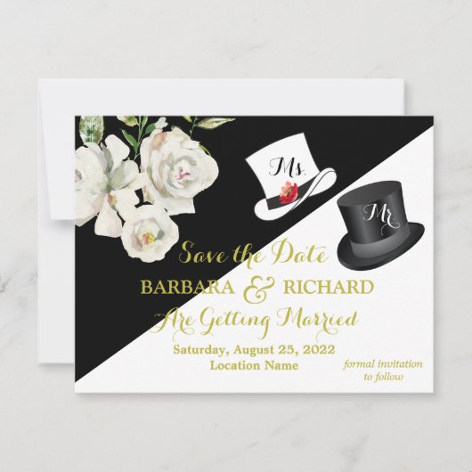 Budget Black & White Floral Wedding Save Date Kaart (Voorkant)