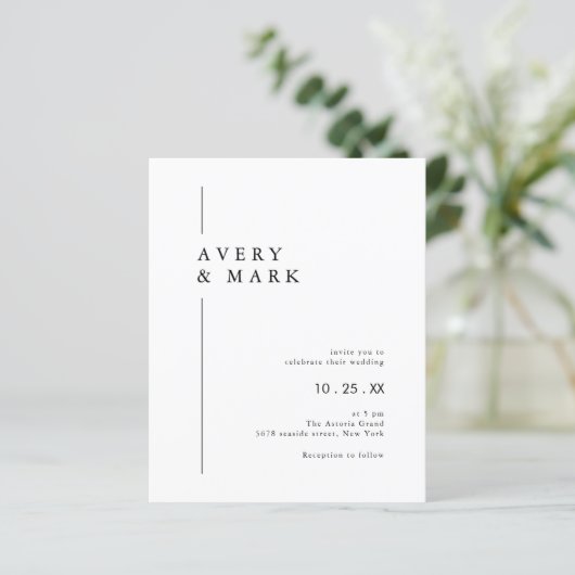 Budget Black White Minimalist Wedding Invitation (Staand voorkant)