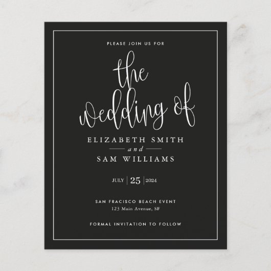 Budget Black White Modern Elegant Simple Wedding Flyer (Voorkant)