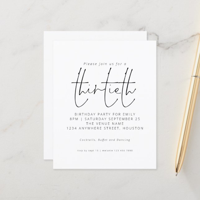 Budget Black White Script 30th Birthday Invitation (Voorkant / Achterkant in situ)