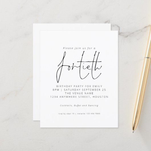 Budget Black White Script 40th Birthday Invitation (Voorkant / Achterkant in situ)
