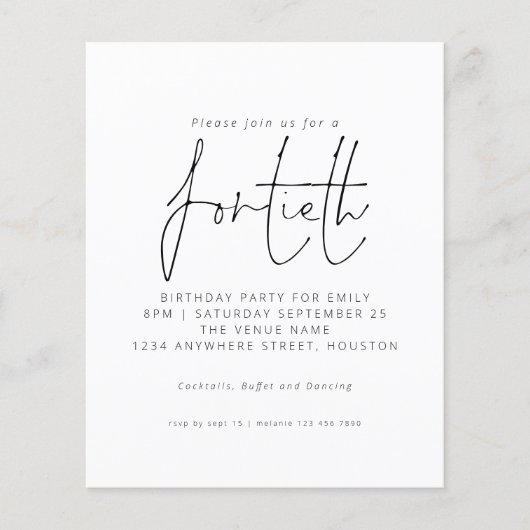 Budget Black White Script 40th Birthday Invitation (Voorkant)