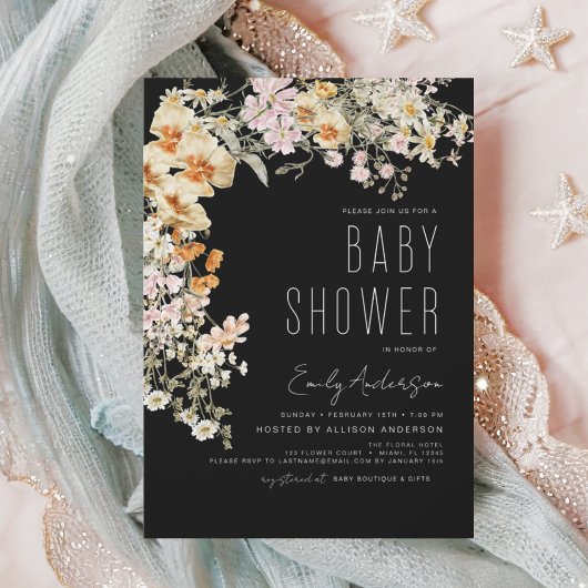 Budget Black Wildflower Boho Baby shower Flyer