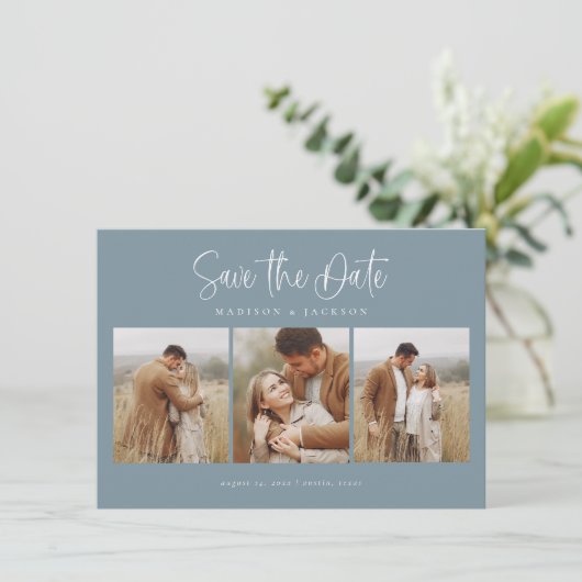 Budget Blauw Eenvoudige Kalligrafie Script Vier Fo Save The Date (Staand voorkant)