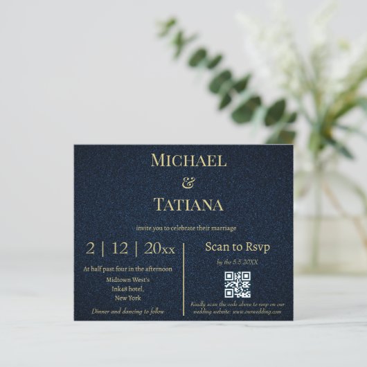 Budget Blauw Goud RSVP QR Code Uitnodiging (Staand voorkant)