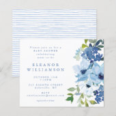 Budget Blauw Waterverf Bloemen Baby shower Uitnodi (Voorkant / Achterkant)