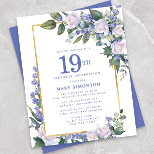 Budget Blauw Wit Bloemen 19e Verjaardag Uitnodigin