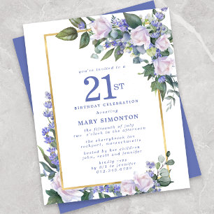Budget Blauw Wit Bloemen 21e Verjaardag Uitnodigin