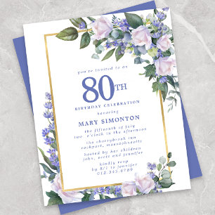 Budget Blauw Wit Bloemen 80e Verjaardag Uitnodigin