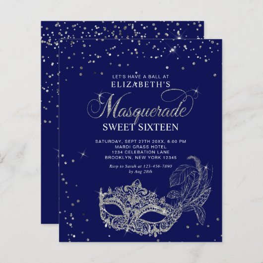 BUDGET Blauw Zilver Glitter Masquerade Sweet 16 (Voorkant / Achterkant)
