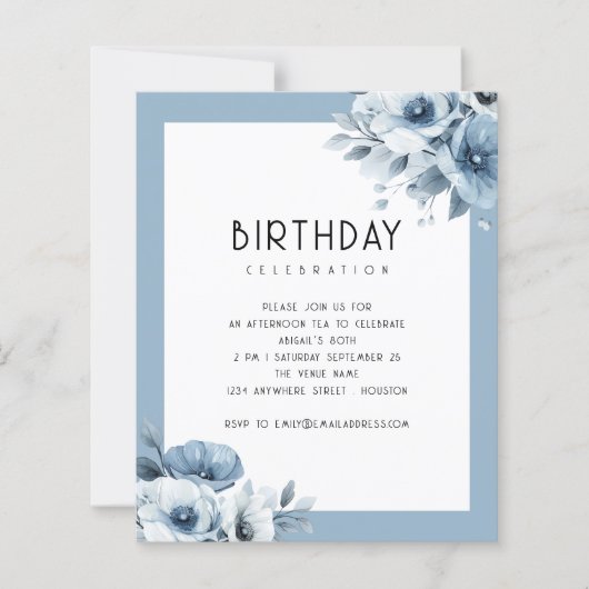 Budget Blauwe Bloemen Afternoon Tea 80e Verjaardag (Voorkant)