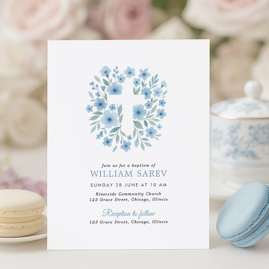 Budget Blauwe Bloemen Kruisdoop Uitnodiging