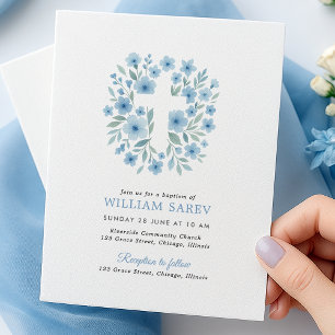 Budget Blauwe Bloemen Kruisdoop Uitnodiging