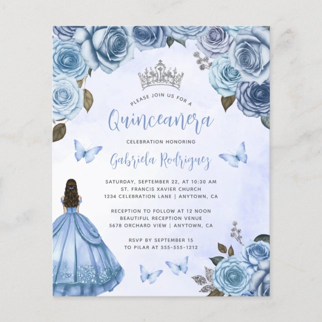 Budget Blauwe Bloemen Rozen Quinceañera Uitnodigen (Voorkant)