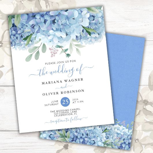 Budget Blauwe Hortensia Bloem Bruiloft Uitnodiging