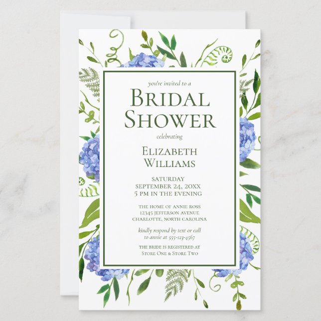 Budget Blauwe Hortensia's Watercolor Bruidsdouche (Voorkant)