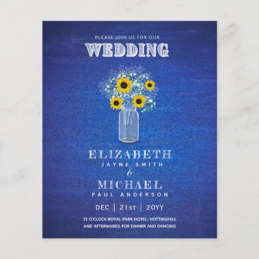 BUDGET Blauwe Zonnebloemen Weddenschap uitnodiging (Voorkant)