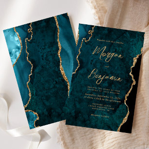 Budget Blauwgroen Blue Agate Script Wedding Invite