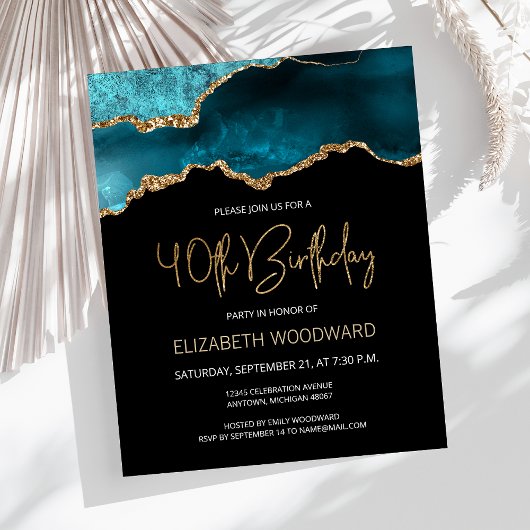 Budget Blauwgroen Gold Agate 40th Birthday Invitat