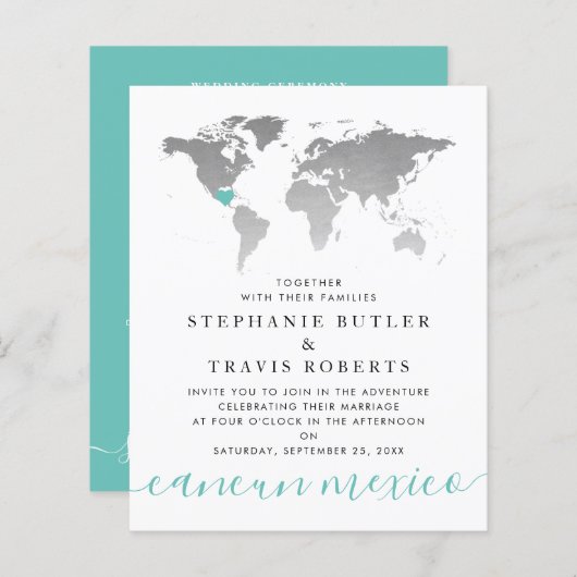 Budget Blauwgroen Silver Map Destination Wedding I (Voorkant / Achterkant)